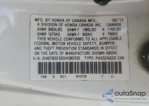 2013 Honda Civic Lx z USA, uszkodzony, nr VIN 2HGFB2E5XDH580350